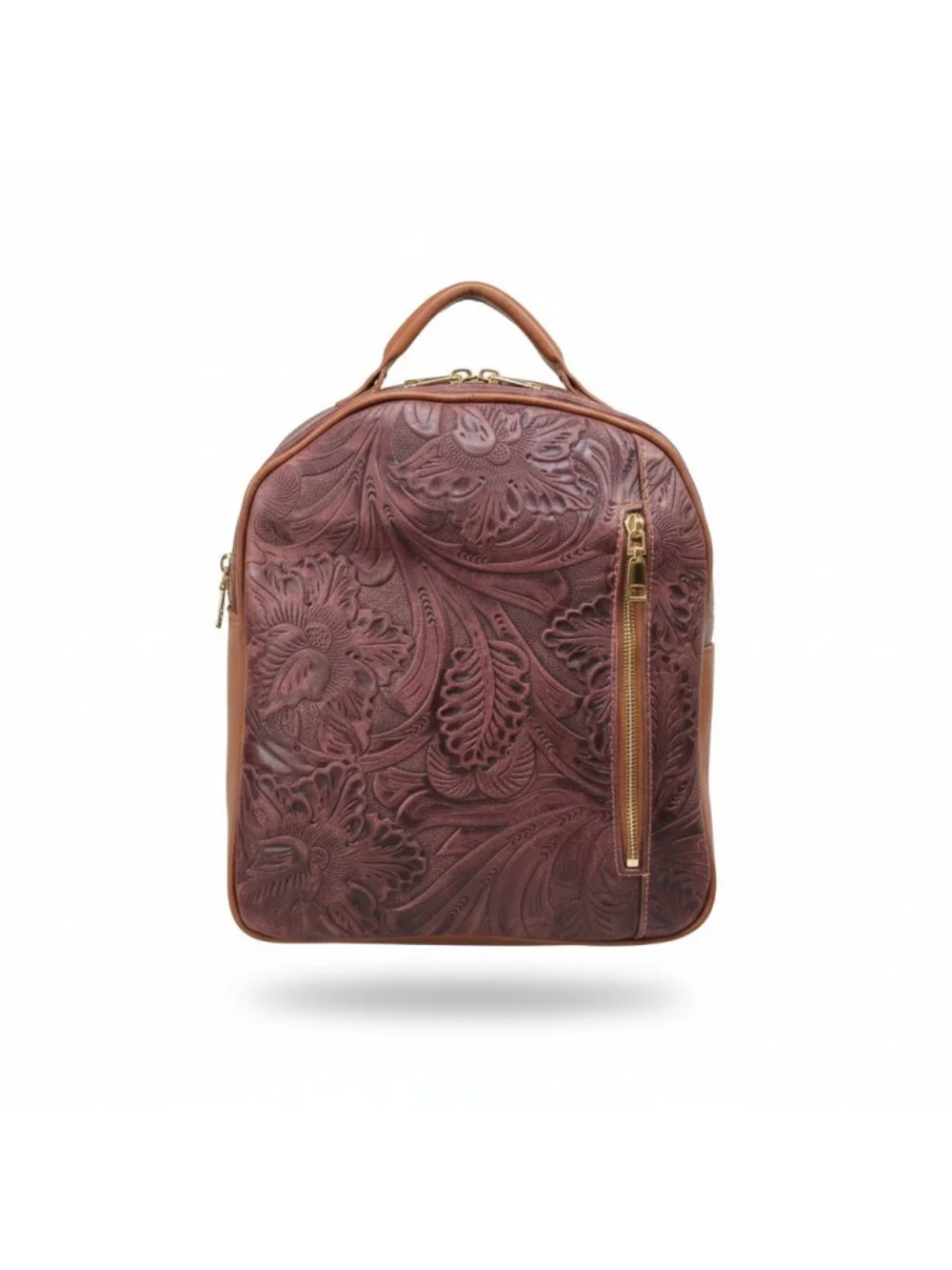 Burgundy Purple Wine Floral Embossed Tooled LEATHER Artisan Mexican Backpack Bag